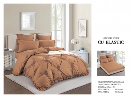 Cearceaf cu elastic - Lenjerie Din Finet Cu Elastic Model Inimioare Brodate - Maro