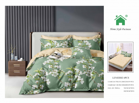 Bumbac Tip Finet Cu Elastic - Lenjerie De Pat Finet Cu Elastic - Verde Flori De Mar