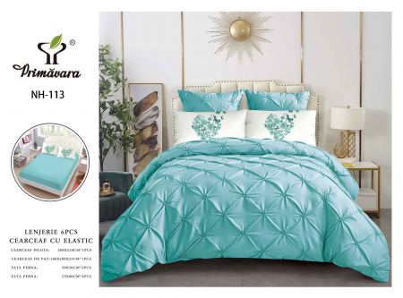 LENJERII DE PAT - Lenjerie Din Finet Pliuri Cu Elastic - Turquoise Inimi