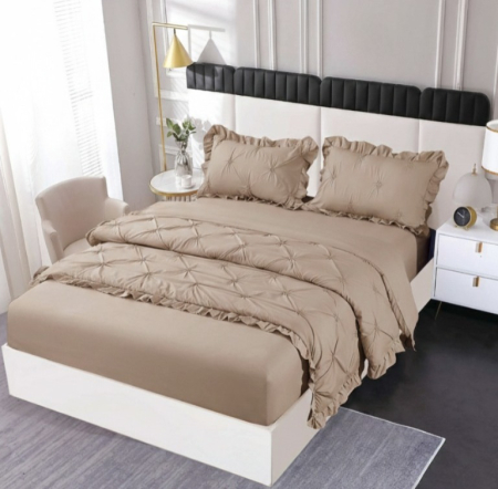 Bumbac Tip Finet Cu Volanase - Lenjerie Din Finet Pliuri Si Volanase Cu Elastic - Bej Cacao Cu Lapte