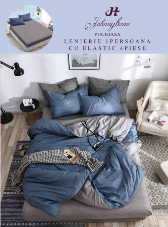 Lenjerii Bumbac Satinat - 1 Persoana - Lenjerie Din Bumbac Satinat 1 Persoana Cu Elastic - Gri - Albastru