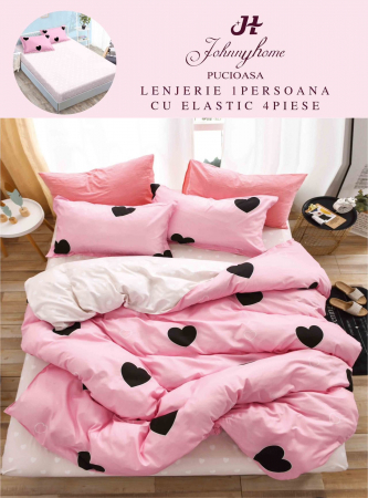 LENJERII 1 PERSOANA - Lenjerie Din Finet Satinat 1 Persoana Cu Elastic - Roz Inimioare Negre