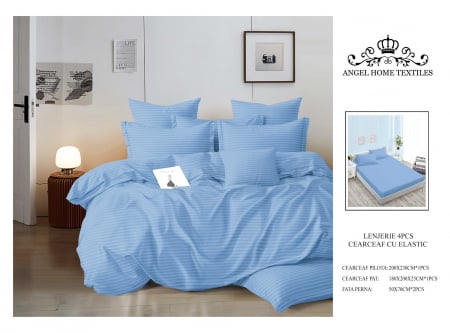 Bumbac Tip Damasc - Lenjerie Din Finet Satinat Tip Damasc Cu Elastic - Bleu