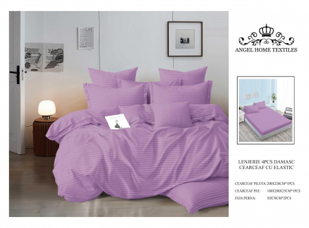 Bumbac Tip Damasc - Lenjerie Din Finet Satinat Tip Damasc Cu Elastic - Lila