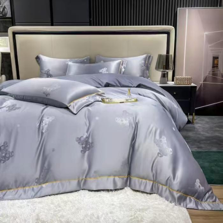 LENJERII DE PAT - Lenjerie Jacquard Satinat Cu Elastic - Albastru Cu Ursuleti