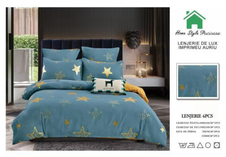 LENJERII DE PAT - Lenjerie Pat Finet Premium Imprimeu Gold- Stele Desenate