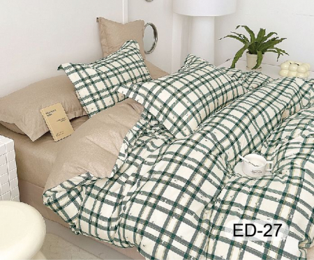 LENJERII DE PAT - Lenjerii De Pat Din Bumbac Fin Superior Cu Elastic - Carouri Verde Retro