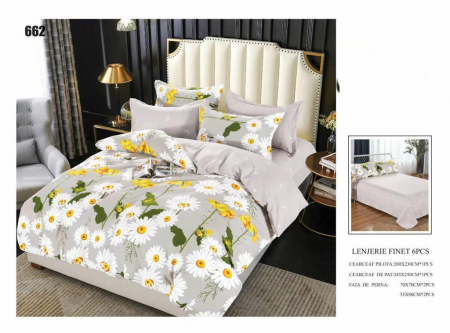 Cearceaf normal - Lenjerii De Pat Din Finet 6 Piese - Gri Cu Flori Albe