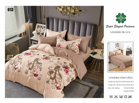 Cearceaf normal - Lenjerii De Pat Din Finet 6 Piese - Bej Cu Flori Elegante