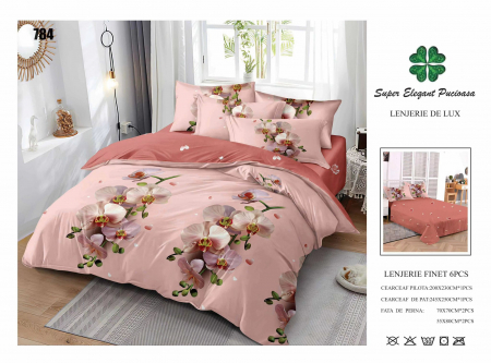 Bumbac Tip Finet 6 Piese - Lenjerii De Pat Din Finet 6 Piese - Roz Cu Orhidee