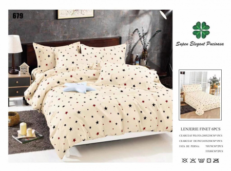Bumbac Tip Finet 6 Piese - Lenjerii De Pat Din Finet 6 Piese - Crem Cu Stelute