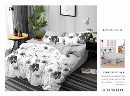 Cearceaf normal - Lenjerii De Pat Din Finet 6 Piese - Flori Gri