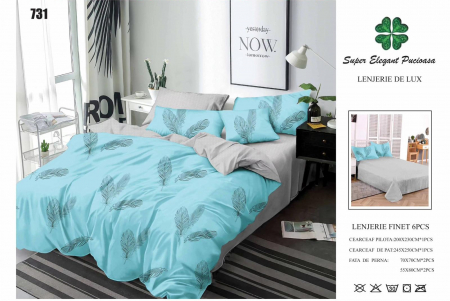 Bumbac Tip Finet 6 Piese - Lenjerii De Pat Din Finet 6 Piese - Bleu Azur Cu Pene