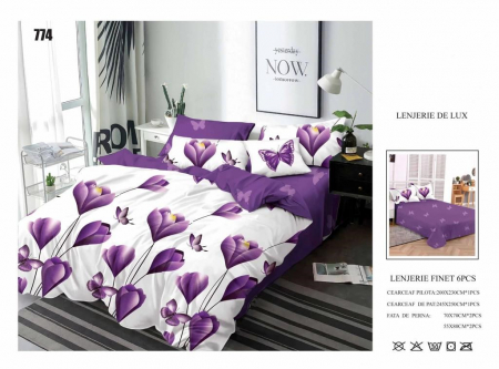 Bumbac Tip Finet 6 Piese - Lenjerii De Pat Din Finet 6 Piese - Purple Flowers
