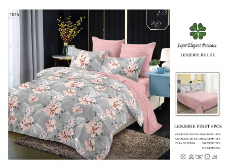 Bumbac Tip Finet 6 Piese - Lenjerii De Pat Din Finet 6 Piese - Floricele Roz