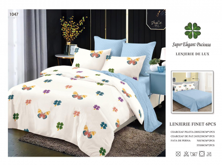 Bumbac Tip Finet 6 Piese - Lenjerii De Pat Din Finet 6 Piese - Fluturasi Si Floricele