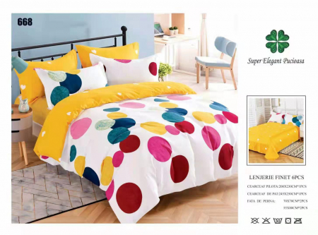 Bumbac Tip Finet 6 Piese - Lenjerii De Pat Din Finet 6 Piese - Galben Buline Multicolor