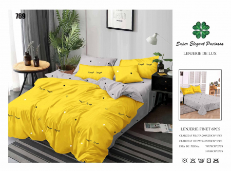 Bumbac Tip Finet 6 Piese - Lenjerii De Pat Din Finet 6 Piese - Galben Cu Gene