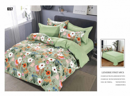 Bumbac Tip Finet 6 Piese - Lenjerii De Pat Din Finet 6 Piese - Verde Floral