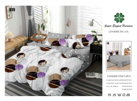Bumbac Tip Finet 6 Piese - Lenjerii De Pat Din Finet 6 Piese - Gri Cu Buline Cafenii Si Mov