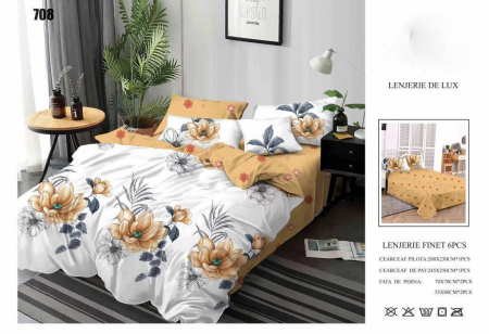 Cearceaf normal - Lenjerii De Pat Din Finet 6 Piese - Flori Galben Pai