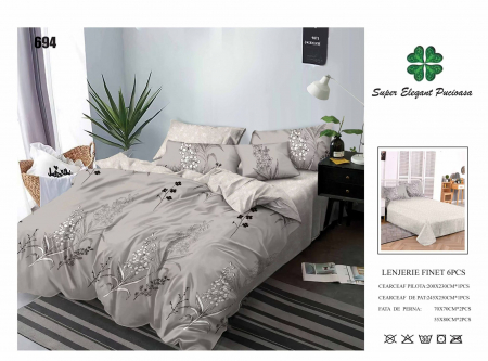Bumbac Tip Finet 6 Piese - Lenjerii De Pat Din Finet 6 Piese - Gri Floral