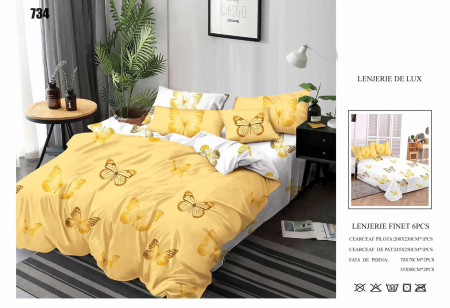 Cearceaf normal - Lenjerii De Pat Din Finet 6 Piese - Galben Cu Fluturi