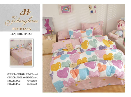 Bumbac Tip Finet 6 Piese - Lenjerii De Pat Din Finet 6 Piese - Inimioare Colorate
