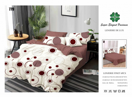 Bumbac Tip Finet 6 Piese - Lenjerii De Pat Din Finet 6 Piese - Crem/Maro Cu Cerculete