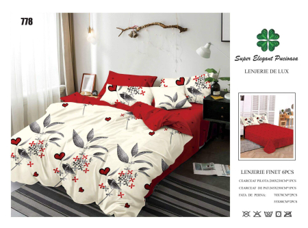 Cearceaf normal - Lenjerii De Pat Din Finet 6 Piese - Inimioare Rosii Pe Fundal Alb