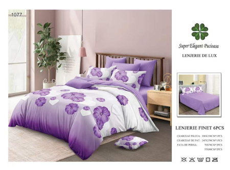 Cearceaf normal - Lenjerii De Pat Din Finet 6 Piese - Inimioare Si Flori Lila