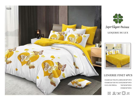 Cearceaf normal - Lenjerii De Pat Din Finet 6 Piese - Inimioare Si Fluturi Mustar