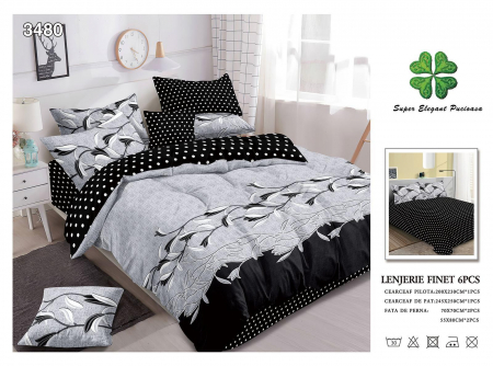 Cearceaf normal - Lenjerii De Pat Din Finet 6 Piese - Negru/Gri Cu Flori
