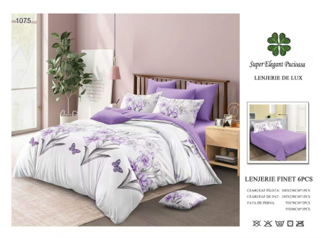 Cearceaf normal - Lenjerii De Pat Din Finet 6 Piese - Lila Cu Flori Si Fluturi
