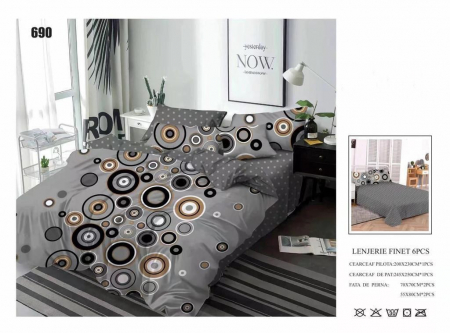 LENJERII DE PAT - Lenjerii De Pat Din Finet 6 Piese - Gri Cu Cerculete