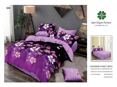 Bumbac Tip Finet 6 Piese - Lenjerii De Pat Din Finet 6 Piese - Mov Cu Floricele Albe Si Fluturi