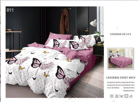 Bumbac Tip Finet 6 Piese - Lenjerii De Pat Din Finet 6 Piese - Fluturi Roz