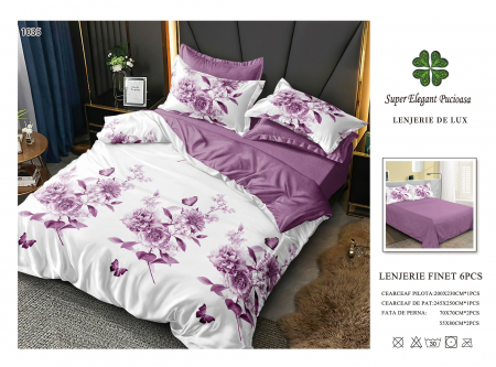 Bumbac Tip Finet 6 Piese - Lenjerii De Pat Din Finet 6 Piese - Mov Floral