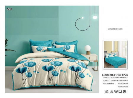 Bumbac Tip Finet 6 Piese - Lenjerii De Pat Din Finet 6 Piese - Flori Turquoise