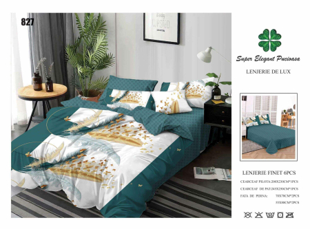 Cearceaf normal - Lenjerii De Pat Din Finet 6 Piese - Pene Verzi Si Aurii