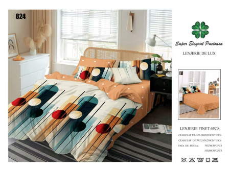 Cearceaf normal - Lenjerii De Pat Din Finet 6 Piese - Portocaliu Cu Modele Abstracte