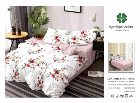 Cearceaf normal - Lenjerii De Pat Din Finet 6 Piese - Roz Prafuit Si Flori