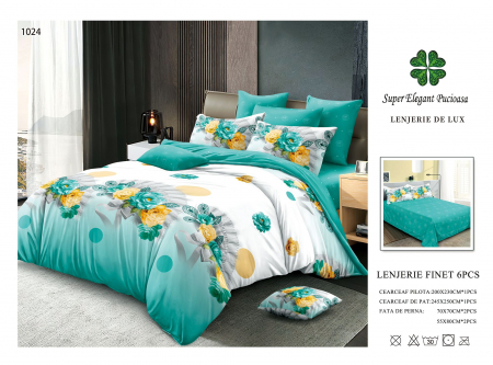 Cearceaf normal - Lenjerii De Pat Din Finet 6 Piese - Trandafiri Galbeni Si Turcoaz