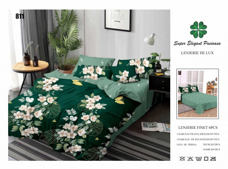 Bumbac Tip Finet 6 Piese - Lenjerii De Pat Din Finet 6 Piese - Verde Cu Floricele