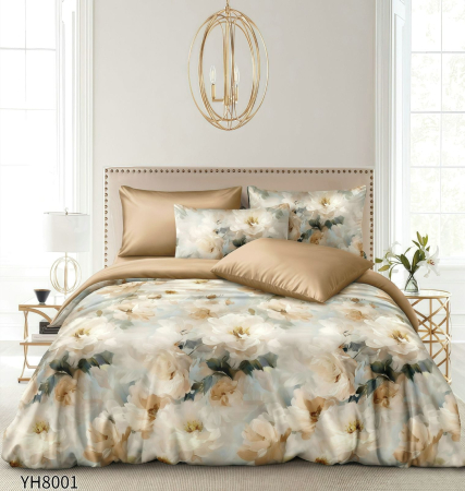 Lenjerii Satin Premium - Lenjerii De Pat Din Satin Premium 4 Piese Cu Elastic - Bej Cacao Cu Lapte Cu Flori