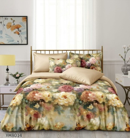 Lenjerii Satin Premium - Lenjerii De Pat Din Satin Premium 4 Piese Cu Elastic - Bej Cu Flori