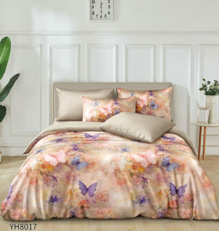 Lenjerii Satin Premium - Lenjerii De Pat Din Satin Premium 4 Piese Cu Elastic - Bej Inchis Cu Flori Si Fluturi