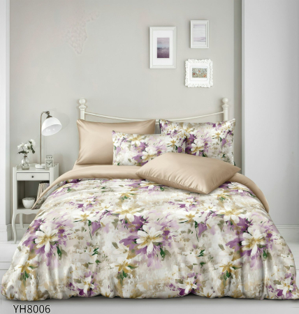 Lenjerii Satin Premium - Lenjerii De Pat Din Satin Premium 4 Piese Cu Elastic - Bej Inchis Cu Floricele