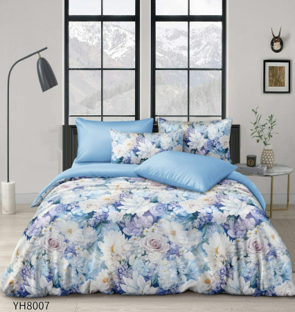 Lenjerii Satin Premium - Lenjerii De Pat Din Satin Premium 4 Piese Cu Elastic - Bleu Cu Flori