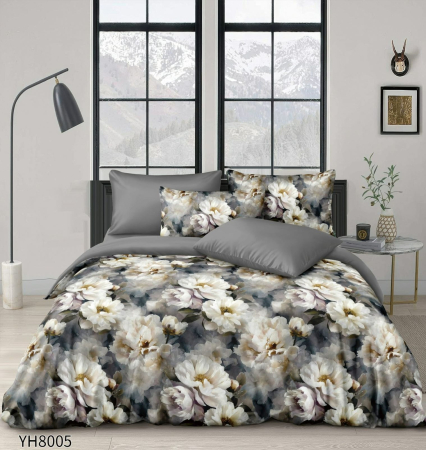 Lenjerii Satin Premium - Lenjerii De Pat Din Satin Premium 4 Piese Cu Elastic - Gri Antracit Cu Flori